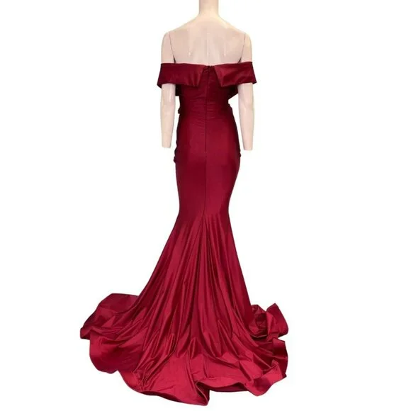 Jessica Angel 723 Off Shoulder Crossover Bodice Gown Cardinal Red Size Small NWT - Picture 2 of 3